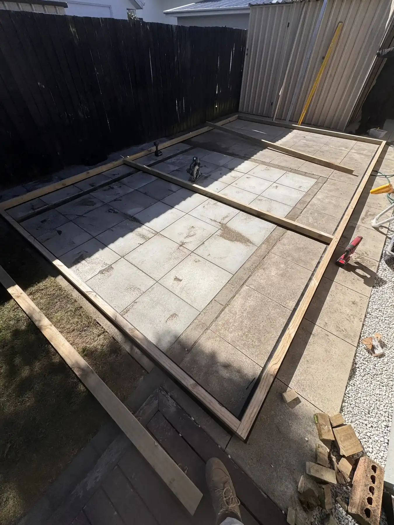 Deck framing under construction on a Christchurch outdoor living project